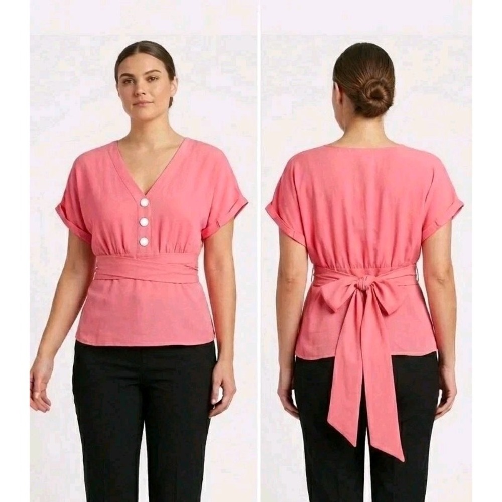 SWEET PEA FOR NEW YORK & COMPANY Peplum Top Medium Pink V-Neck Tie Back Shirt